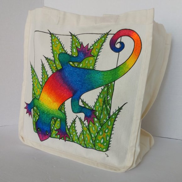 Hand-Painted Rainbow Gecko Tote Bag: Reusable Canvas Shopping Bag 14x13x7 - Picture 3 of 16